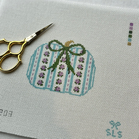 Grandmillenial needlepoint canvas with flowers, stripes and bow, soft pastel colors