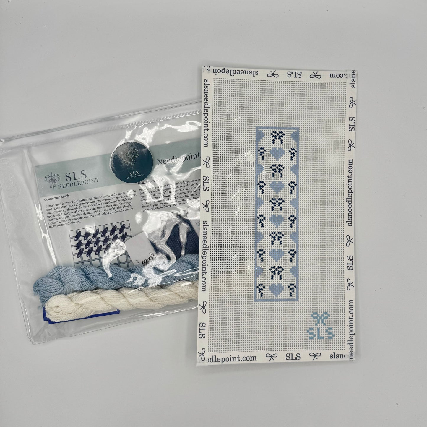 Beginner Needlepoint Kit - Bows & Hearts Blue