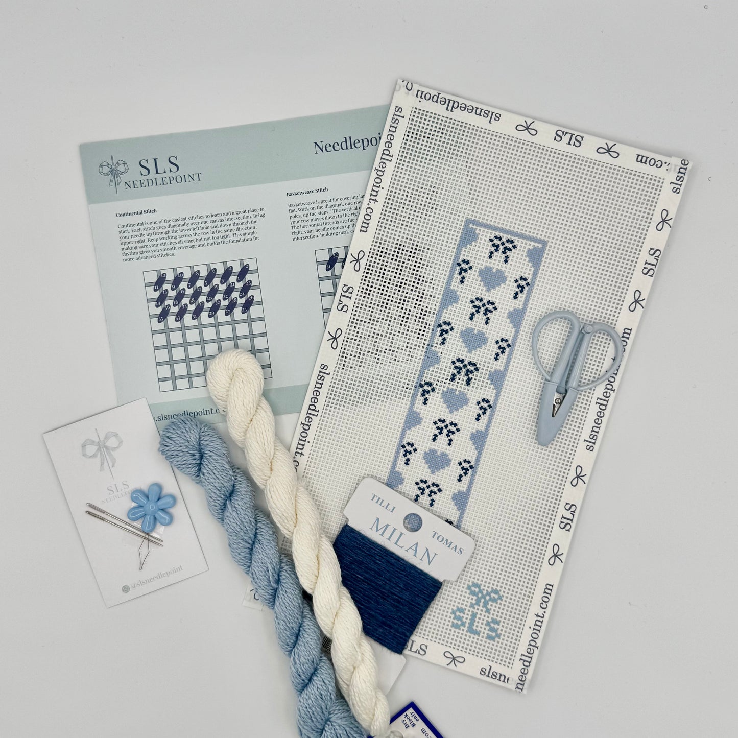 Beginner Needlepoint Kit - Bows & Hearts Blue