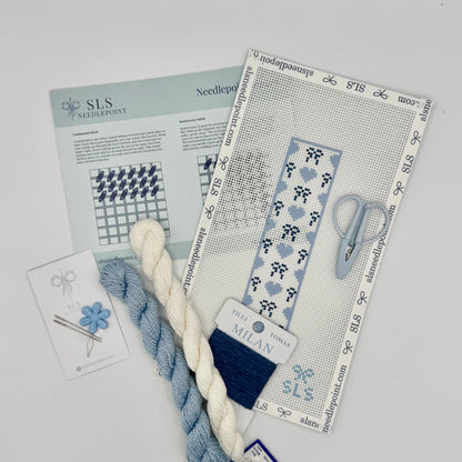 Beginner Needlepoint Kit - Bows & Hearts Blue