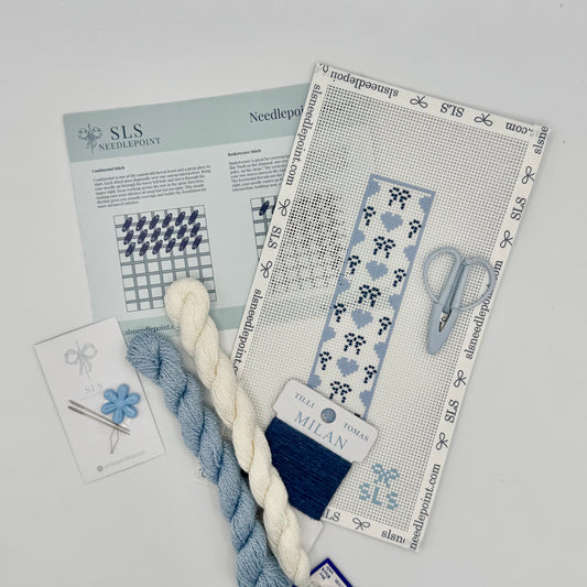 Beginner Needlepoint Kit - Bows & Hearts Blue