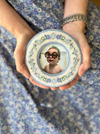 Forget Me Not Round Needlepoint Frame Canvas
